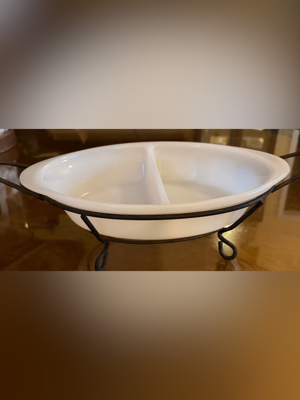 Vintage Mid-Century Glasbake J-239 Divided Casserole Dish with Metal Stand by